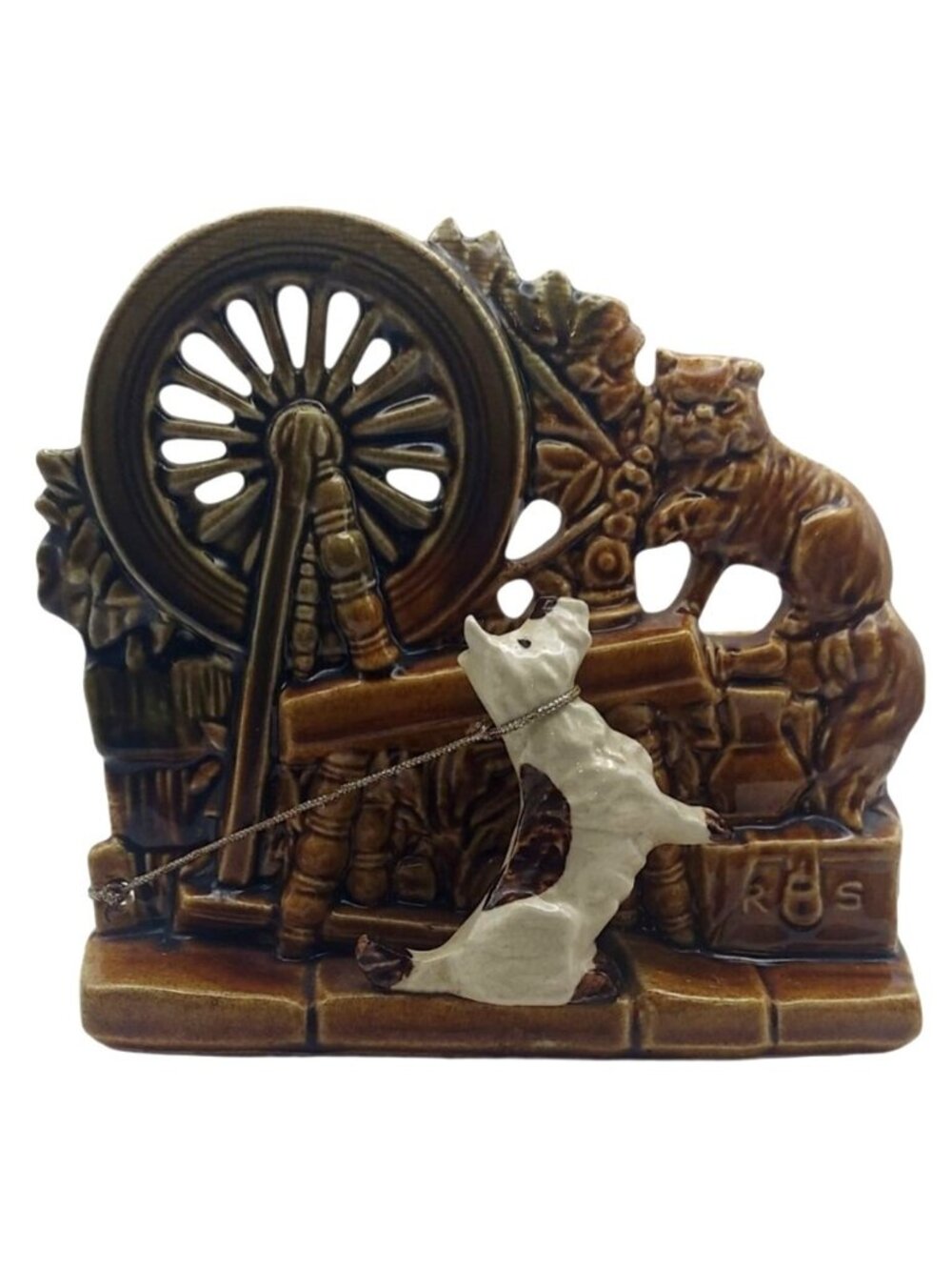 Vintage MCM McCoy Spinning Wheel Scottie Dog Cat Brown Glazed Pottery Planter